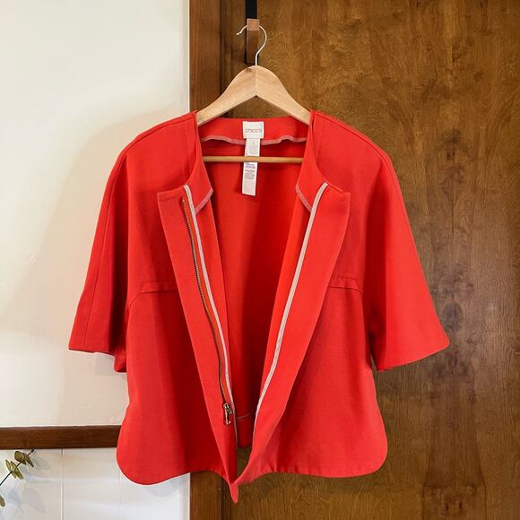 CHICO'S Twill‎ Ponte Jacket Full Zip Mid-Sleeve Stretch Orange Sz 1 Medium 8/10 - Picture 2 of 8